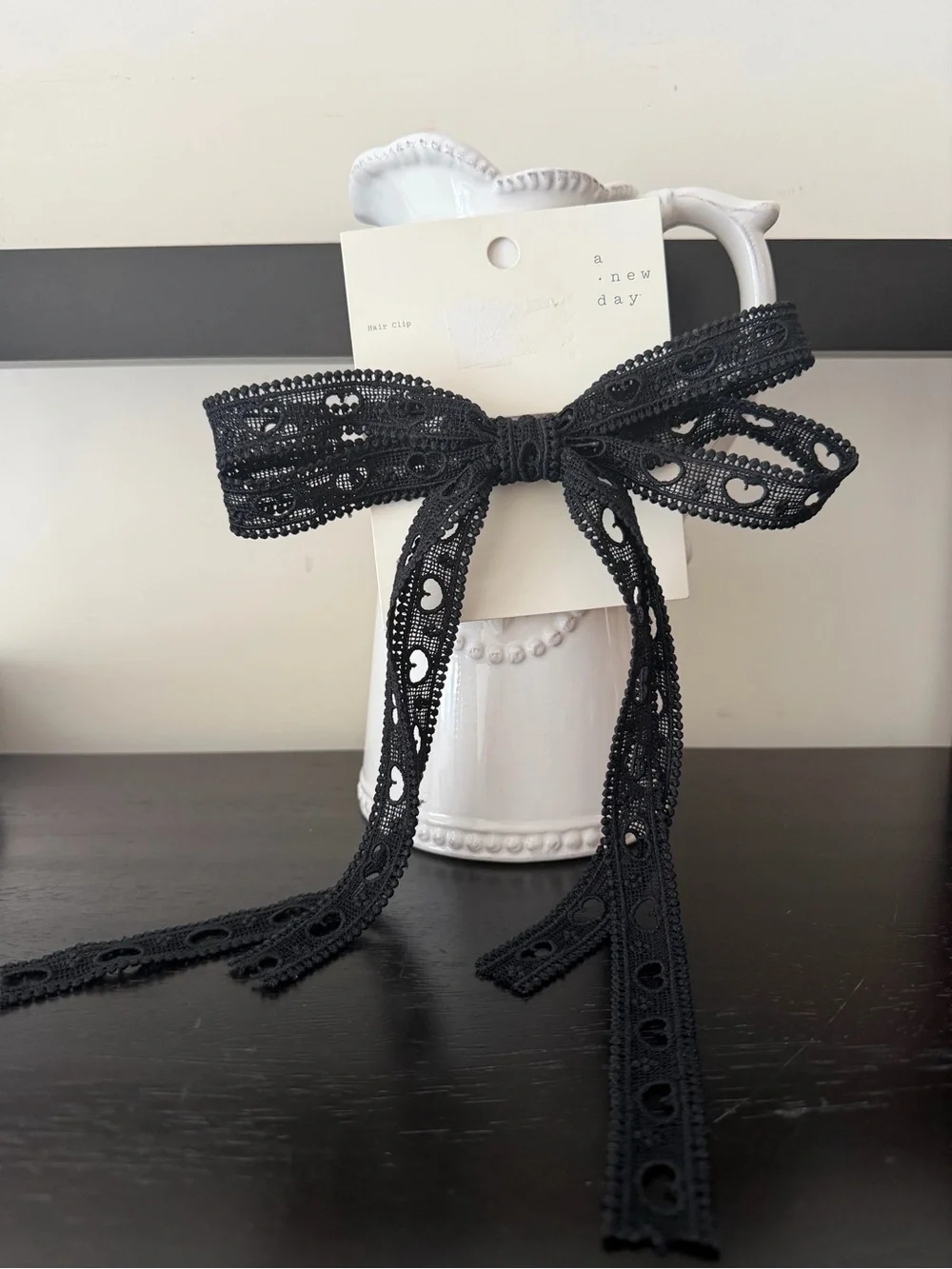 a new day Black Heart Lace Ribbon Bow Clip